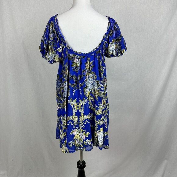 NEW Free People Beautiful Blooms dress mini velvet short sleeve blue size medium - Picture 8 of 10